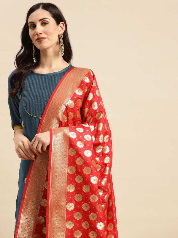 Women's Red Color Ethnic Motifs Woven Design Dupatta With Zari - Varanasi - Indiakreations