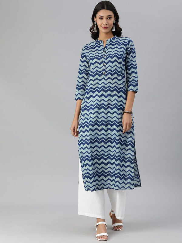 KSUT Indigo Chevron Printed Straight Kurta - Indiakreations