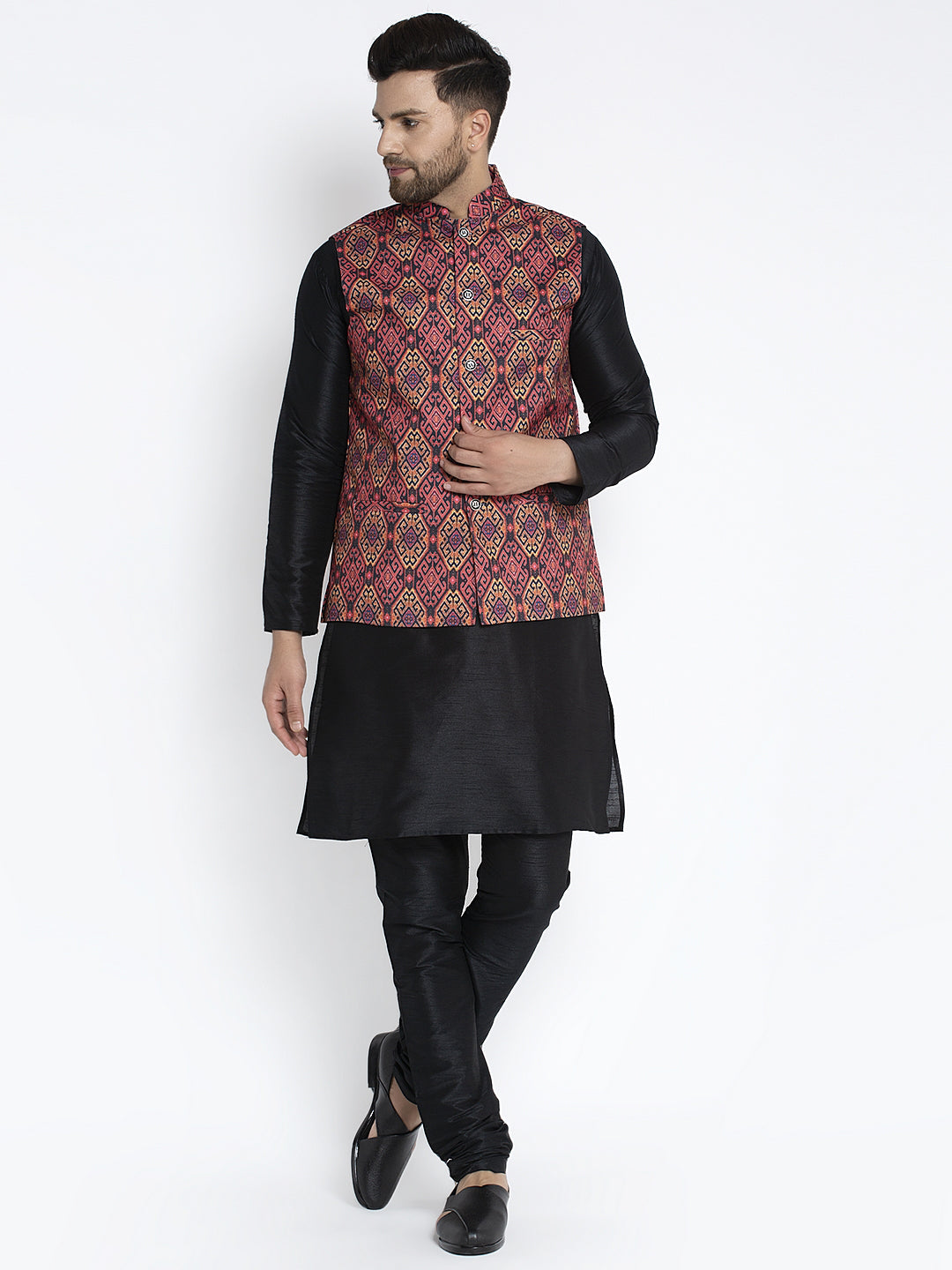 Men's Silk Blend Black Kurta With Pyjama & Rust Printed Nehru Jacket - Benstoke