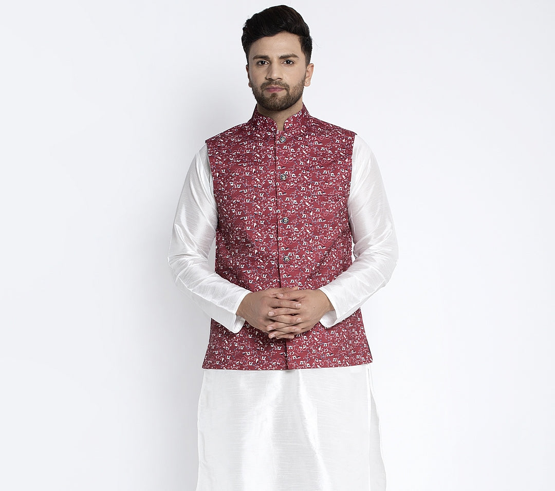 Men's Maroon & Multi Printed Nehru Jacket - Benstoke