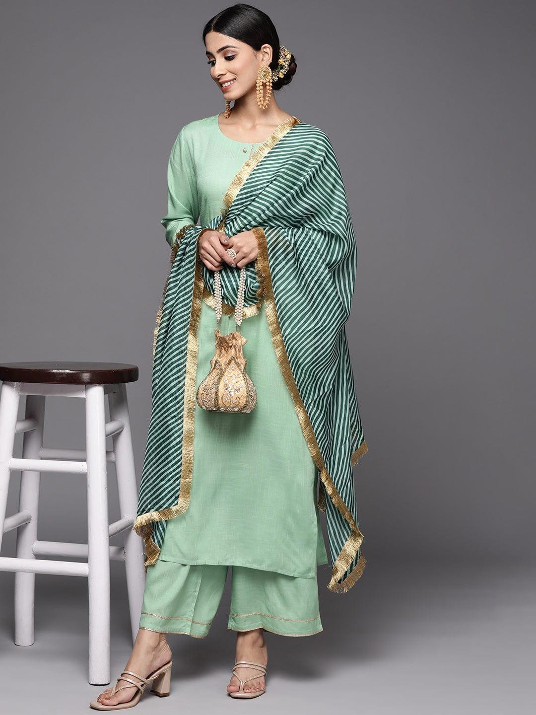 Varanga Women Green Solid Gotta Patti Detail Empire Kurta with Palazzos & With Dupatta - Indiakreations