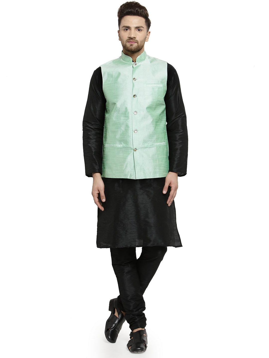 Men's Silk Blend Black Kurta With Pyjama & Sea Green Nehru Jacket - Benstoke