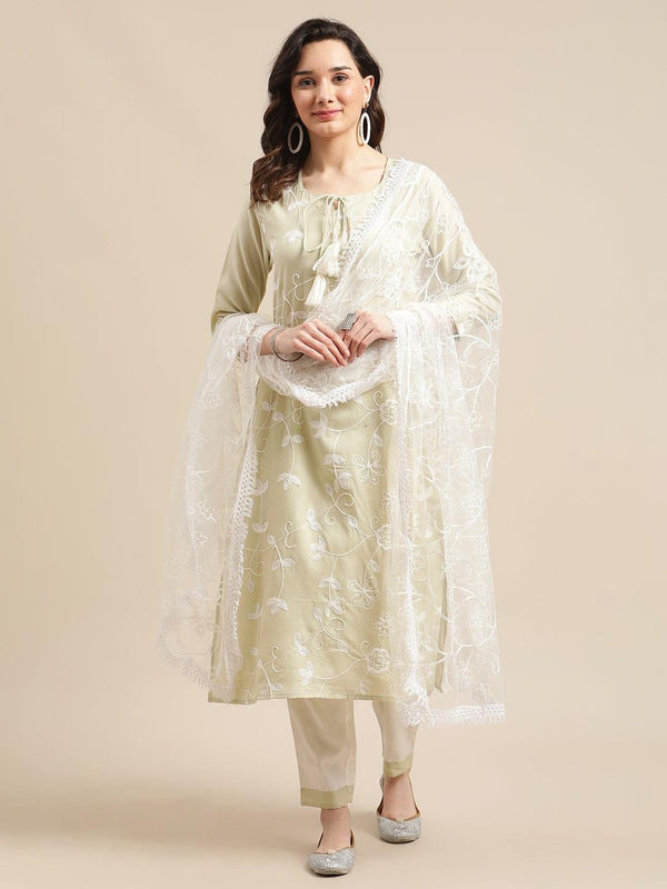 Pista Green Aari Embroidery Kurta Trouser Set With White All Over Embroidery Dupatta - Indiakreations