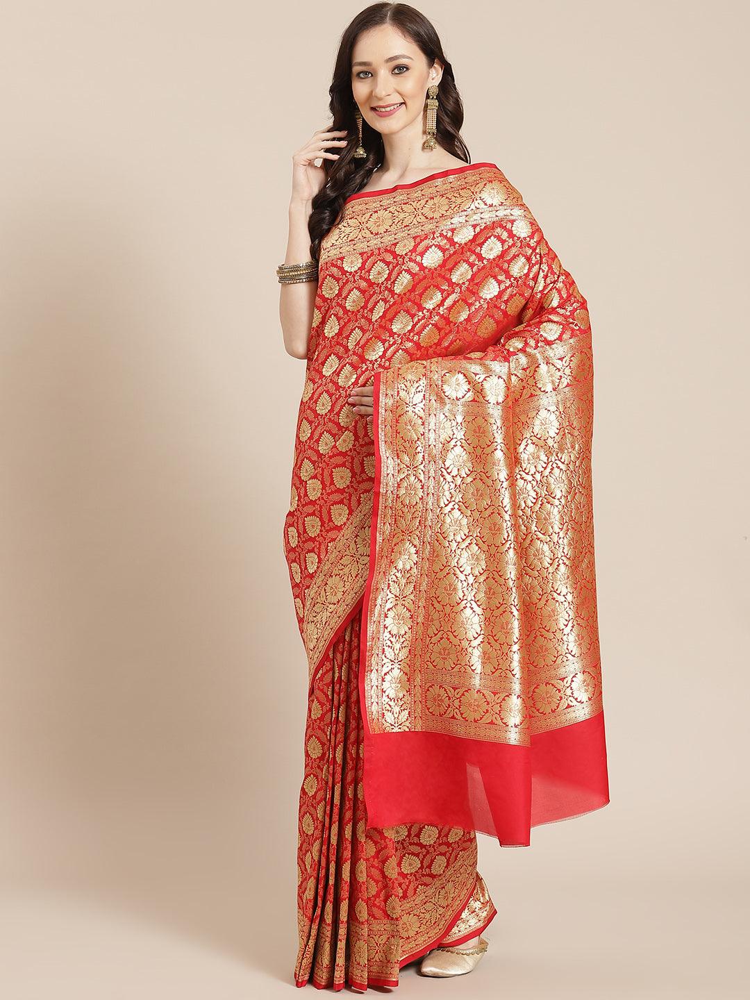 Women's Red Semi Silk Zari Woven Saree - Varanasi - Indiakreations