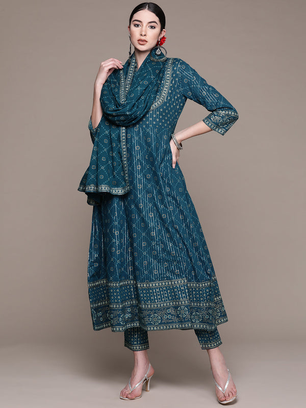 Women Teal Blue Kurta with Trousers & With Dupatta by Anubhutee (3 Pc Set)