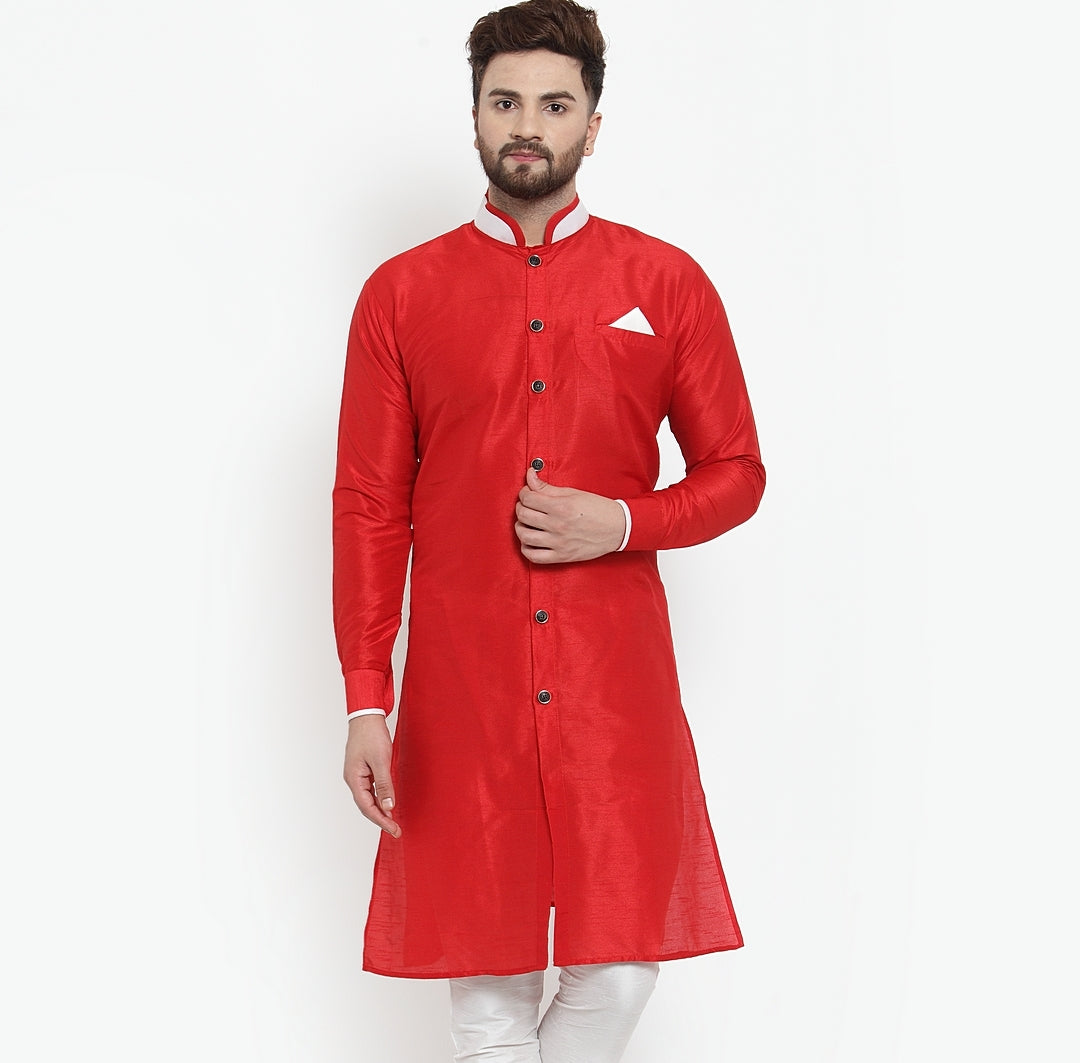 Men's Silk Blend Red Solid Straight Kurta - Benstoke