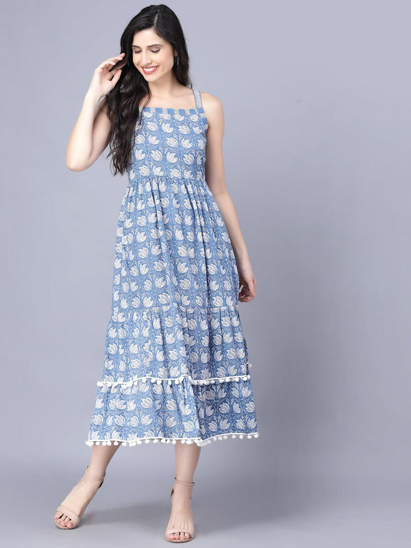 Women's Cotton Printed Sleeveless Shoulder Straps Blue Women Dress - Myshka - Indiakreations