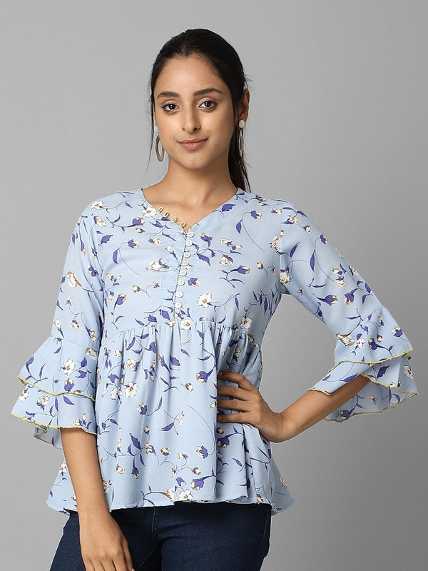 Women's Sky Blue Floral Printed Gathered Top - Azira