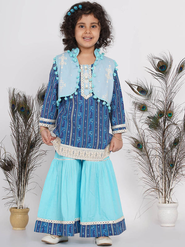 Girl's Indigo Floral Print Kurta With Lace Work And Sharara With Pom Pom Jacket - Indigo Blue And Sky Blue - Little Bansi Girls