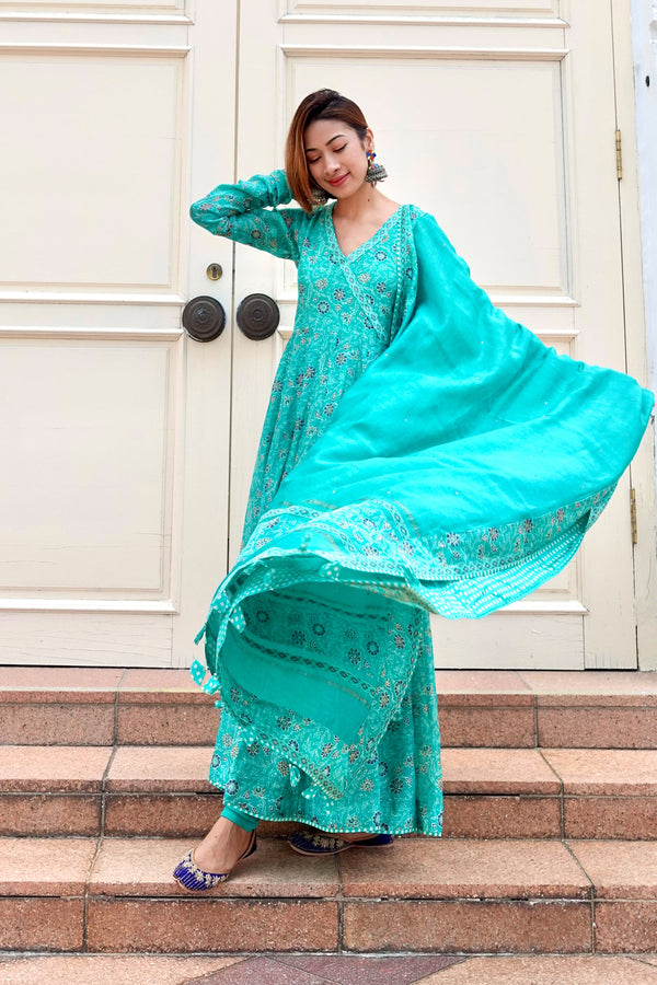 Isha Borah in Amaara Green Printed Anarkali Set