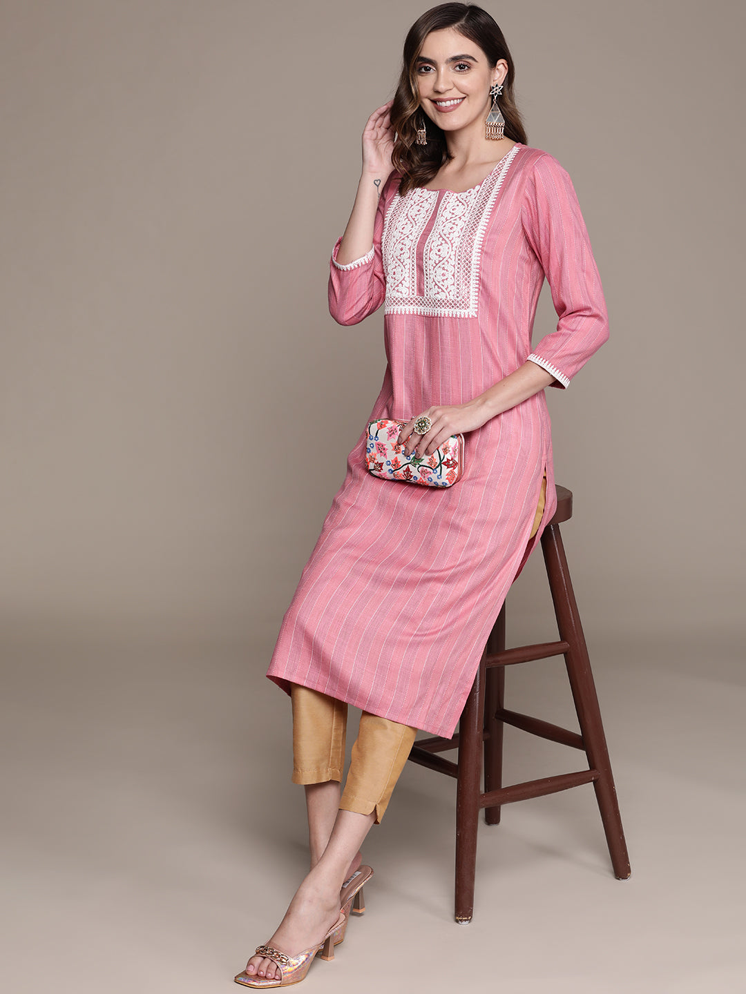 Women's Pink White Ethnic Motifs Embroidered Kurta - Anubhutee