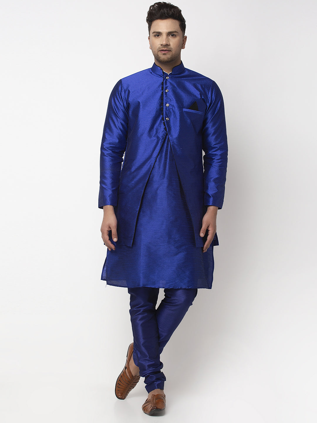 Men's Royal Blue Kurta With Pyjama & Blue Self Design Jacket - Benstoke