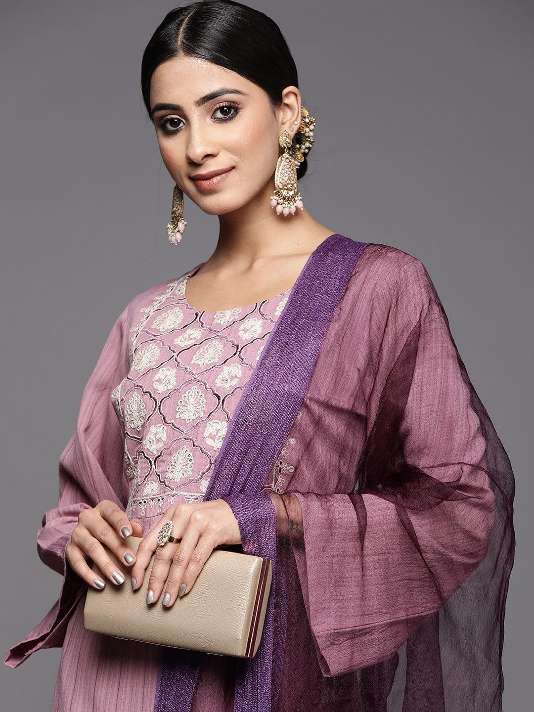 Varanga Women Mauve Ethnic Motifs Yoke Design Kurta with Trousers & With Dupatta - Indiakreations