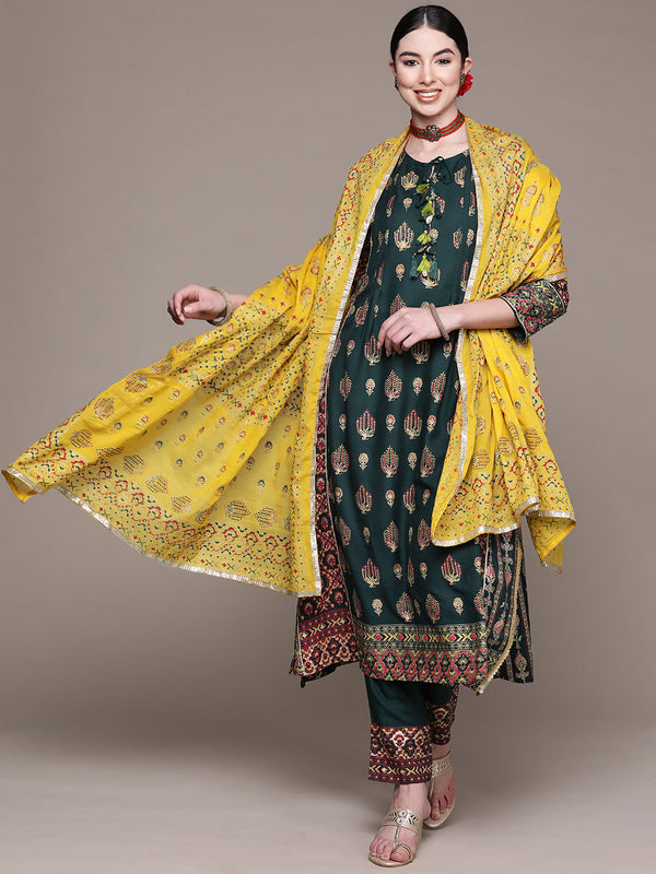 Women Green Printed Kurta with Palazzos & Dupatta by Anubhutee (3Pc Set)