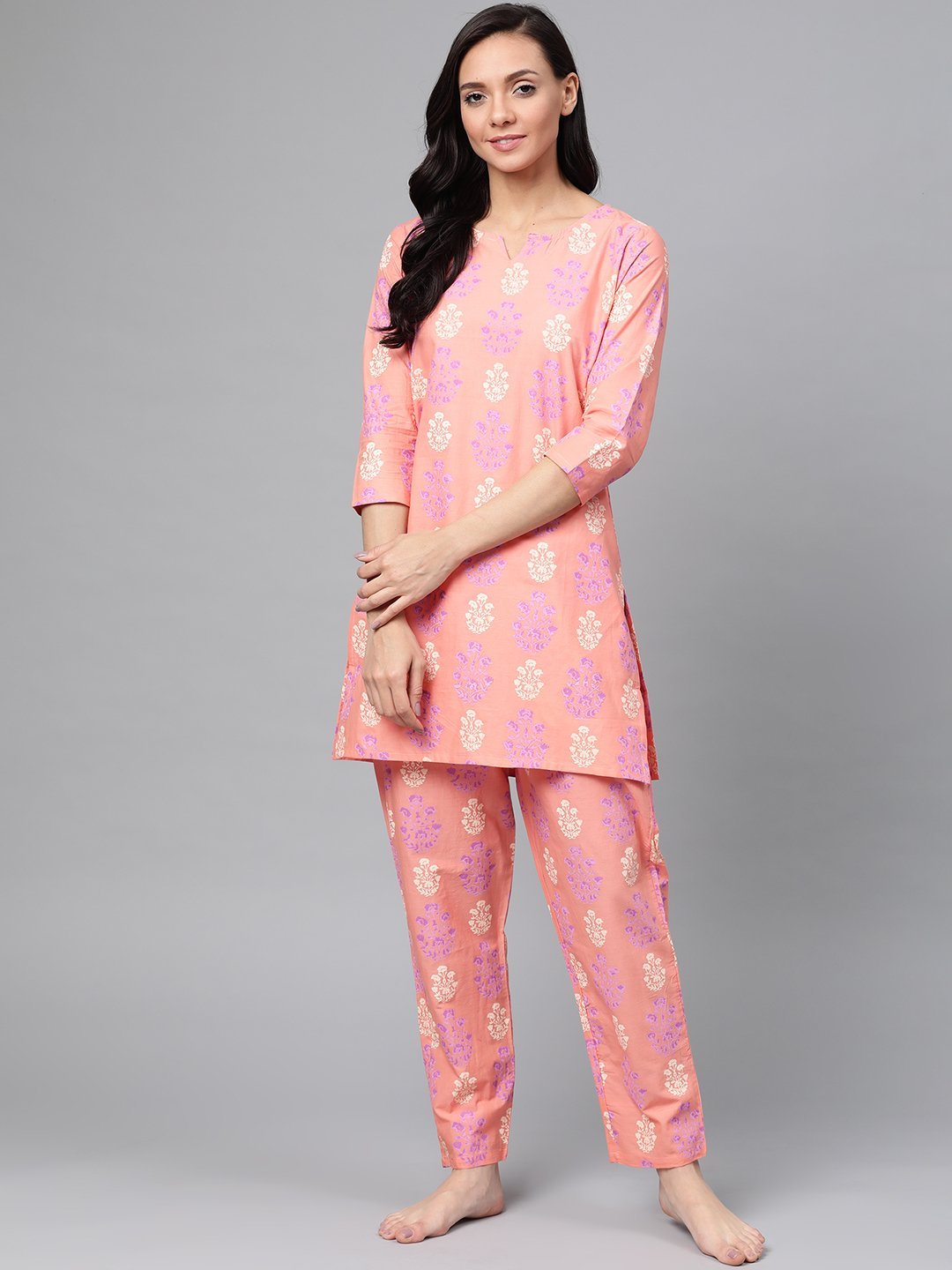 Women's Peach-Coloured & Purple Printed Cotton Night suit - Anubhutee