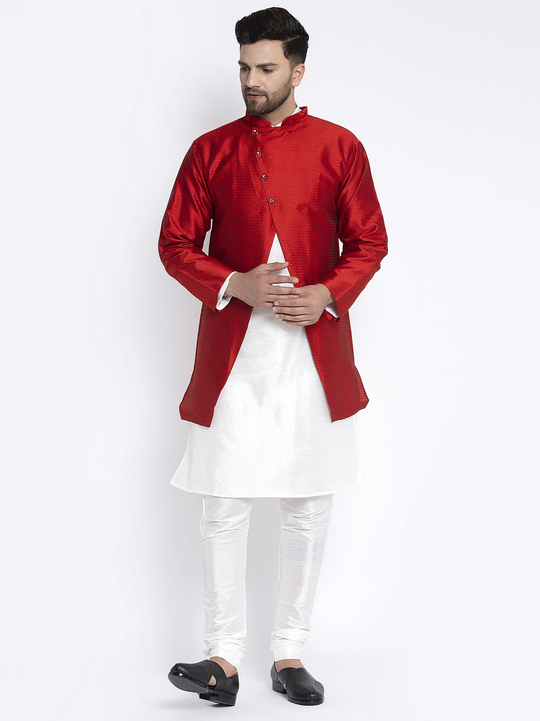 Men's White Kurta With Pyjama & Red Self Design Jacket - Benstoke