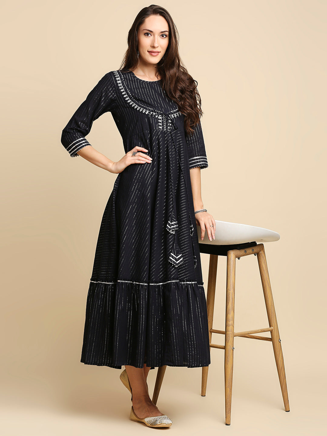 Women's  Navy Blue Striped Ethnic Cotton Midi Dress - Anubhutee