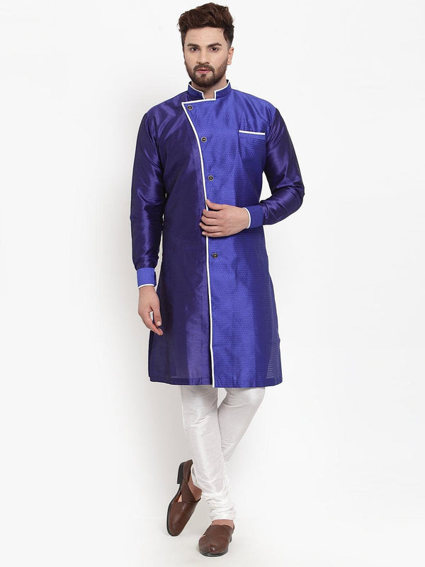 Men's Royal Blue Self Design Kurta With White Churidaar Pyjama - Benstoke - Indiakreations