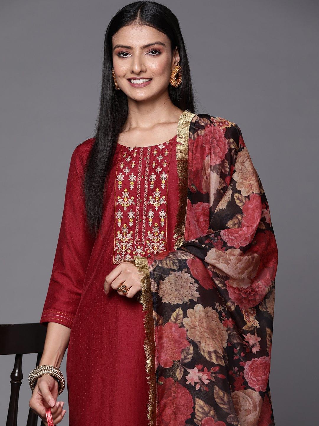 Varanga Women Maroon & Beige Floral Embroidered Thread Work Kurta with Trousers & Dupatta - Indiakreations