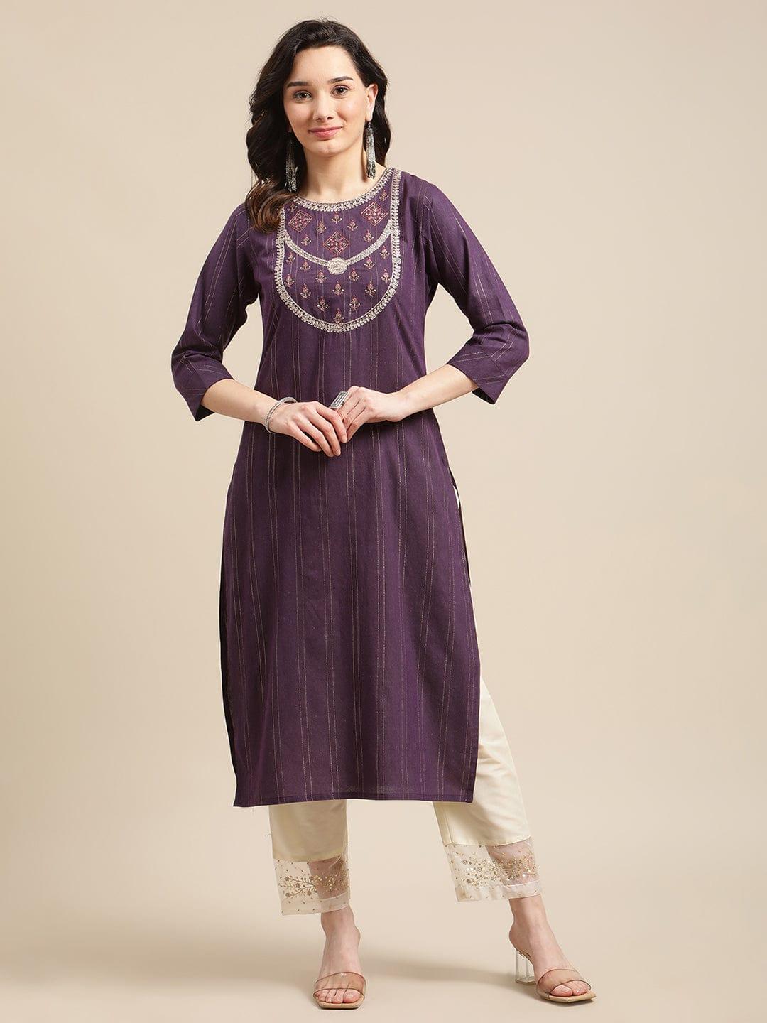 Burgundy Lurex Yoke Embroidery Straight Kurta - Indiakreations