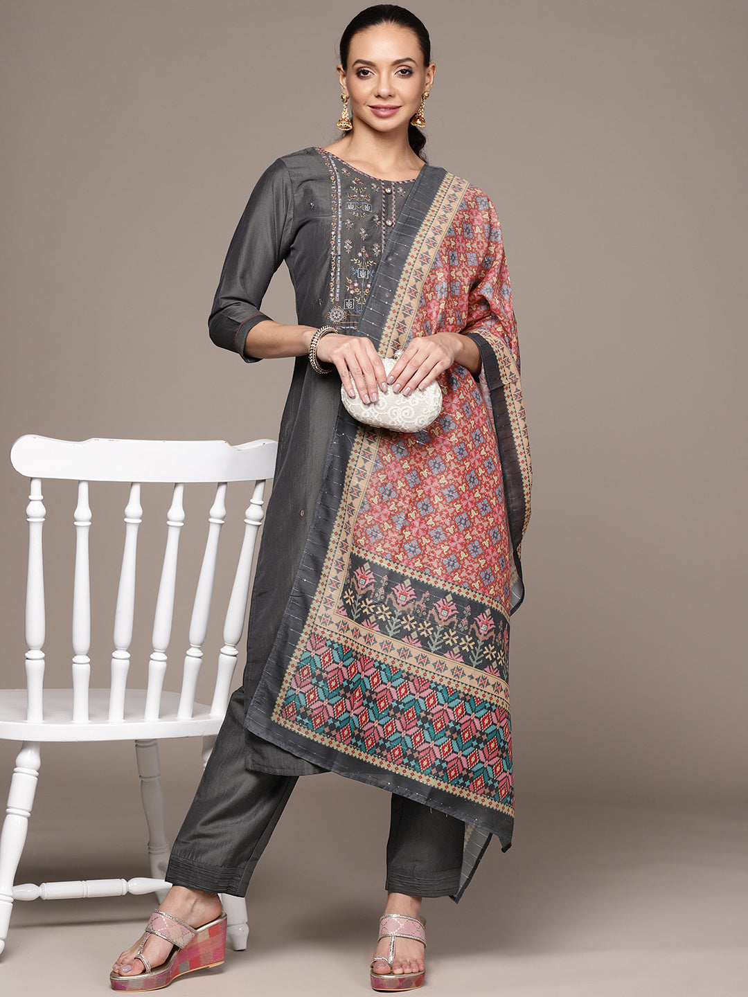 Women's Grey Embroidered Kurta Set With Trousers And Dupatta - Anubhutee