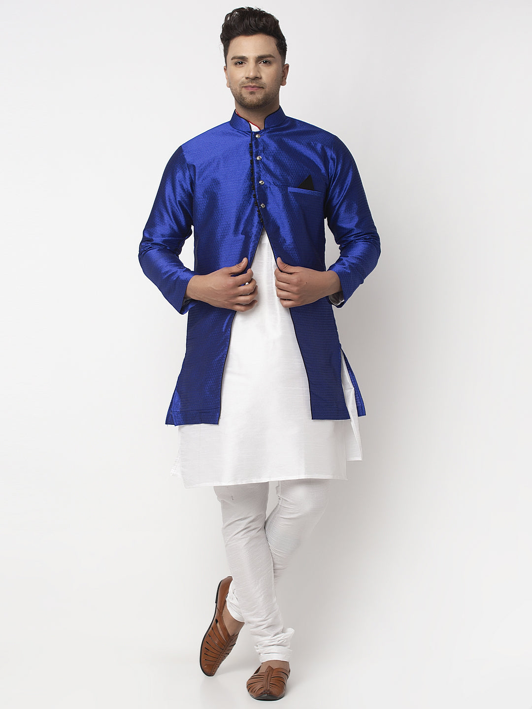 Men's White Kurta With Pyjama & Royal Blue Self Design Jacket - Benstoke