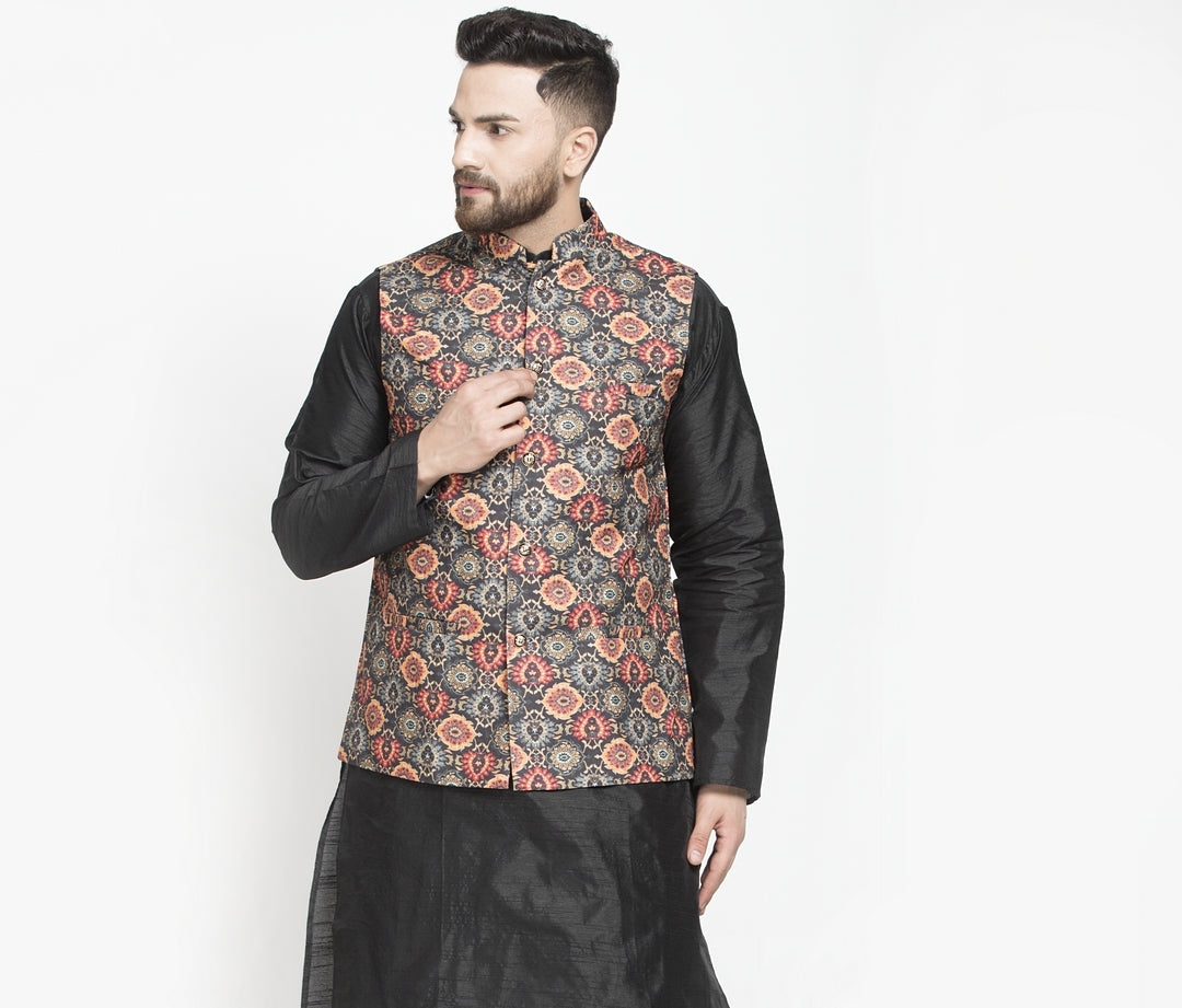 Men's Black & Orange Printed Nehru Jacket - Benstoke