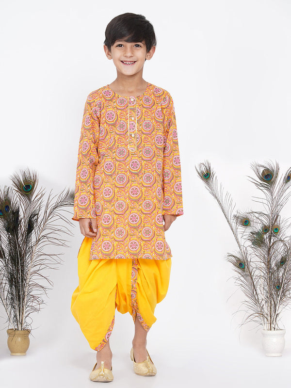 Boy's Floral Kurta with Pearl Buttons and Dhoti in Yellow - Little Bansi Boys