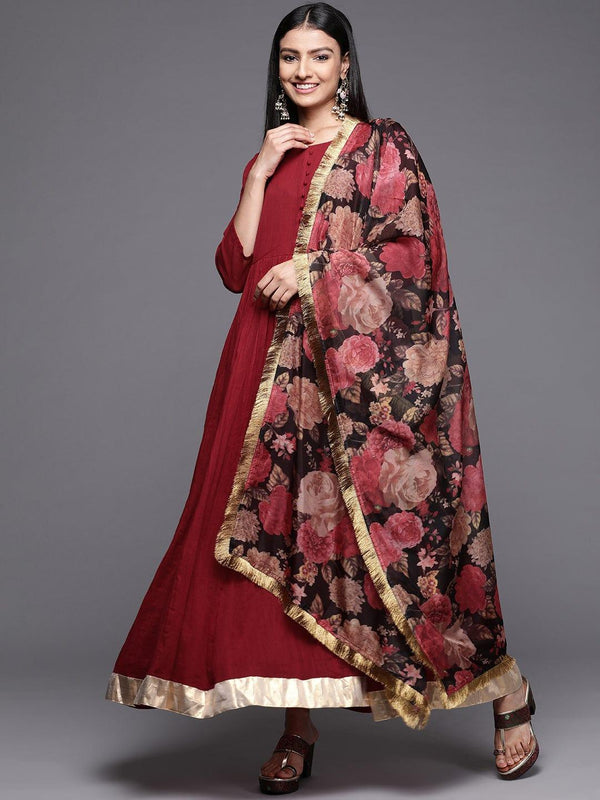 Varanga Women Maroon & Gold-Toned Anarkali Kurta With Dupatta - Indiakreations