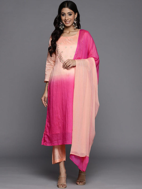 Varanga Women Peach-Coloured Ombre Yoke Design Sequinned Kurta with Trousers & Dupatt - Indiakreations