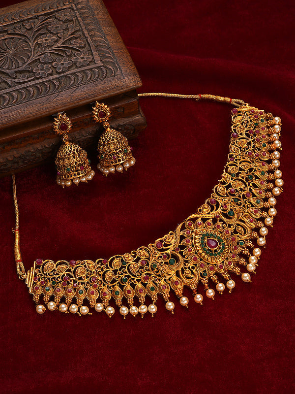 Women's Gold-Toned Pink & Green Stone-Studded, Beaded Handcrafted Jewellery Set - Jazz And Sizzle