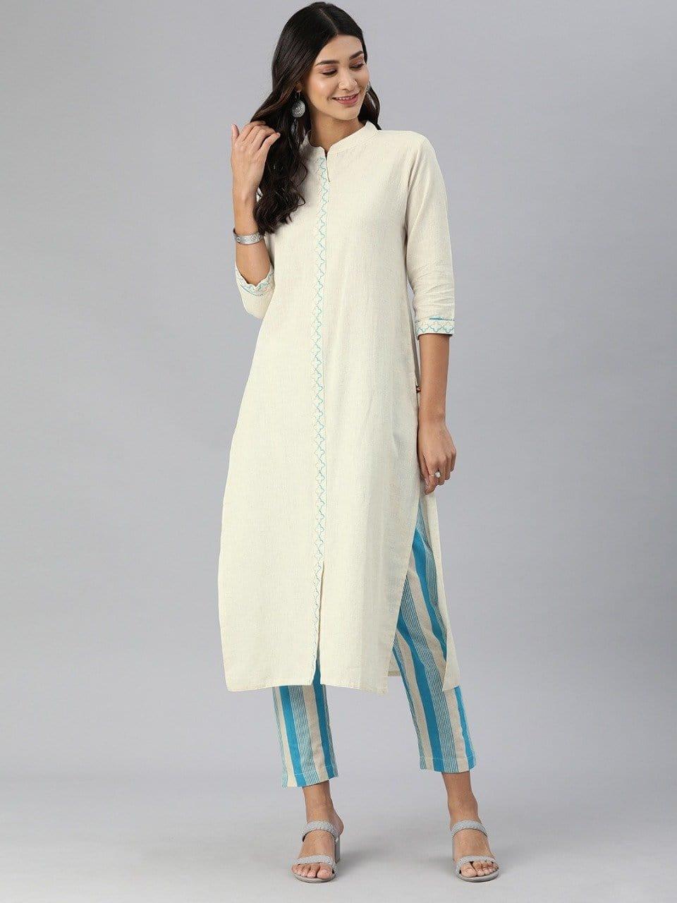 KSUT Women Off-White & Blue Embroidered Detail Kurta with Striped Trousers - Indiakreations