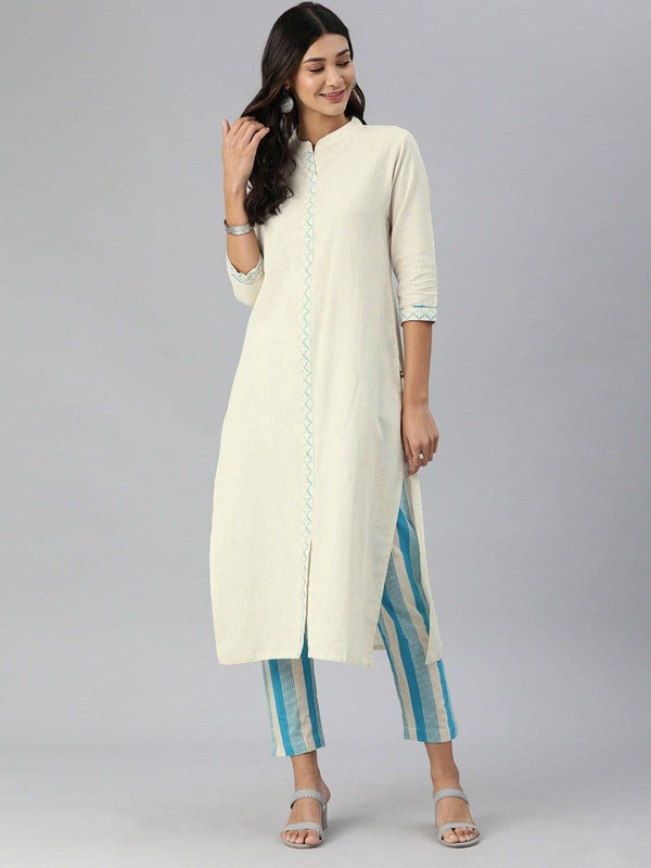 KSUT Women Off-White & Blue Embroidered Detail Kurta with Striped Trousers - Indiakreations