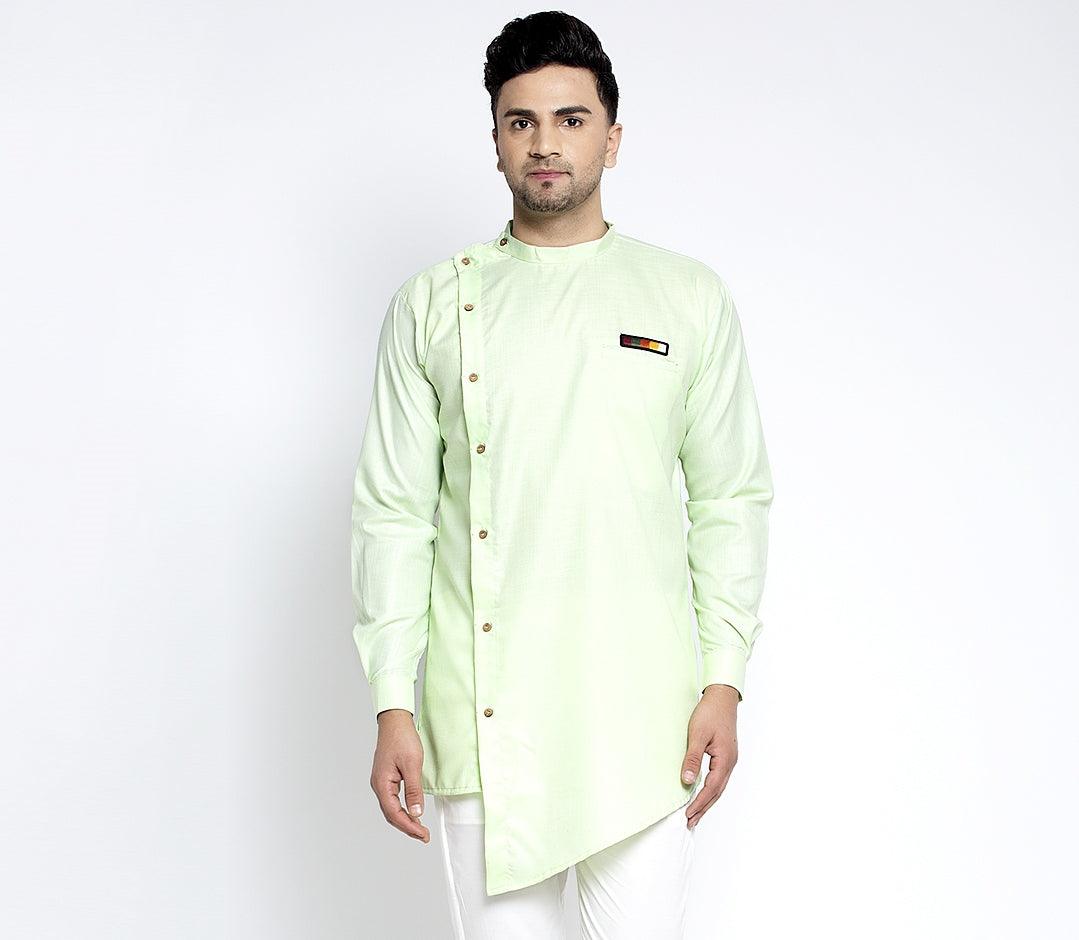 Men's Light Green Solid Short Kurta - Benstoke - Indiakreations