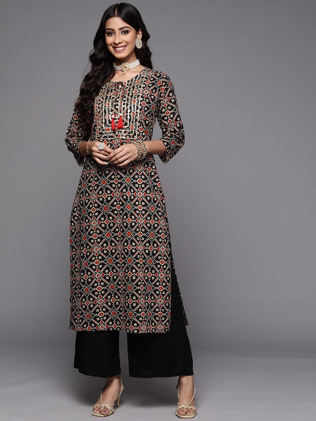 VARANGA Women Black & Gold-Toned Ethnic Motifs Printed Thread Work Indie Prints Kurta - Indiakreations