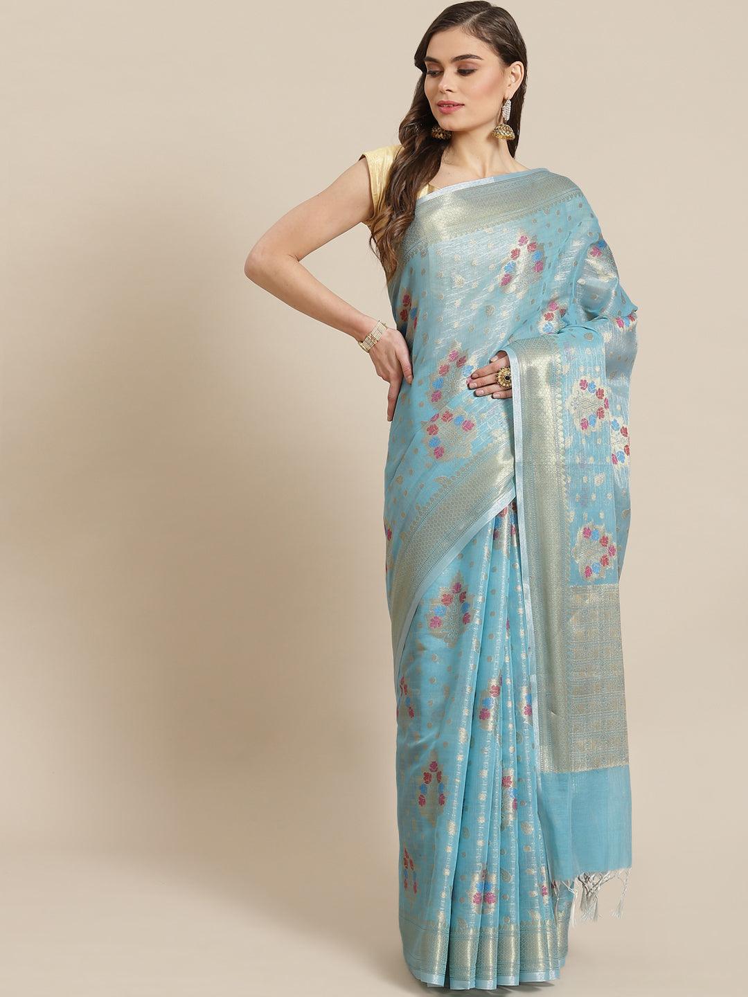 Women's Blue Tissue Silk Saree - Varanasi - Indiakreations