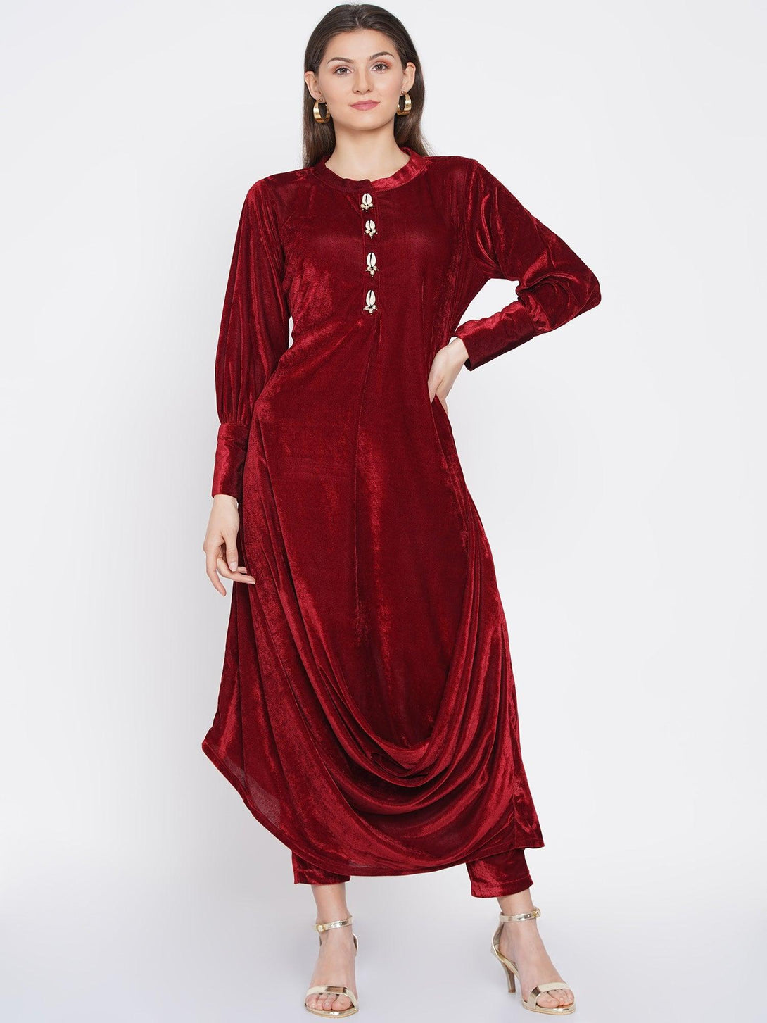 Women's Maroon Velvet Cowl style kurta with pants - Women Republic - Indiakreations