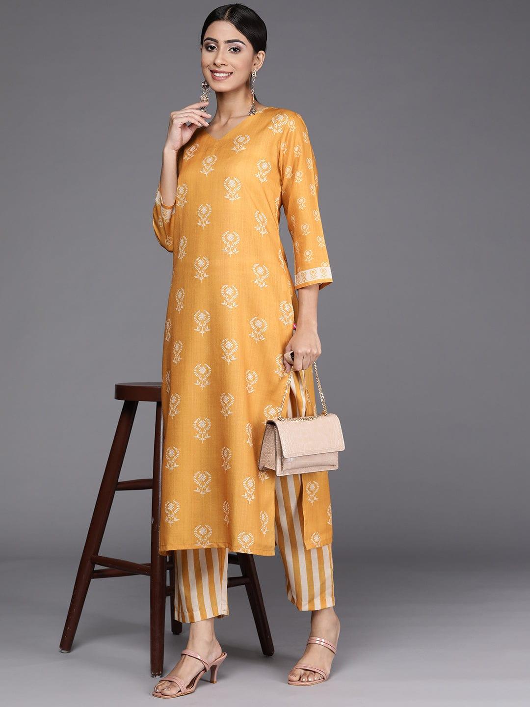 Varanga Winter mustard digital printed kurta with v neckline paired with straight trouser - Indiakreations