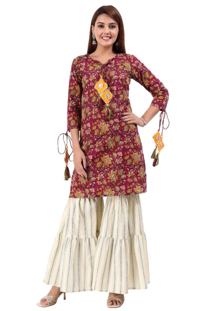 Women's Kurta And Sharara Set Cotton Poly Silk 3Pc - Noz2Toz - Indiakreations