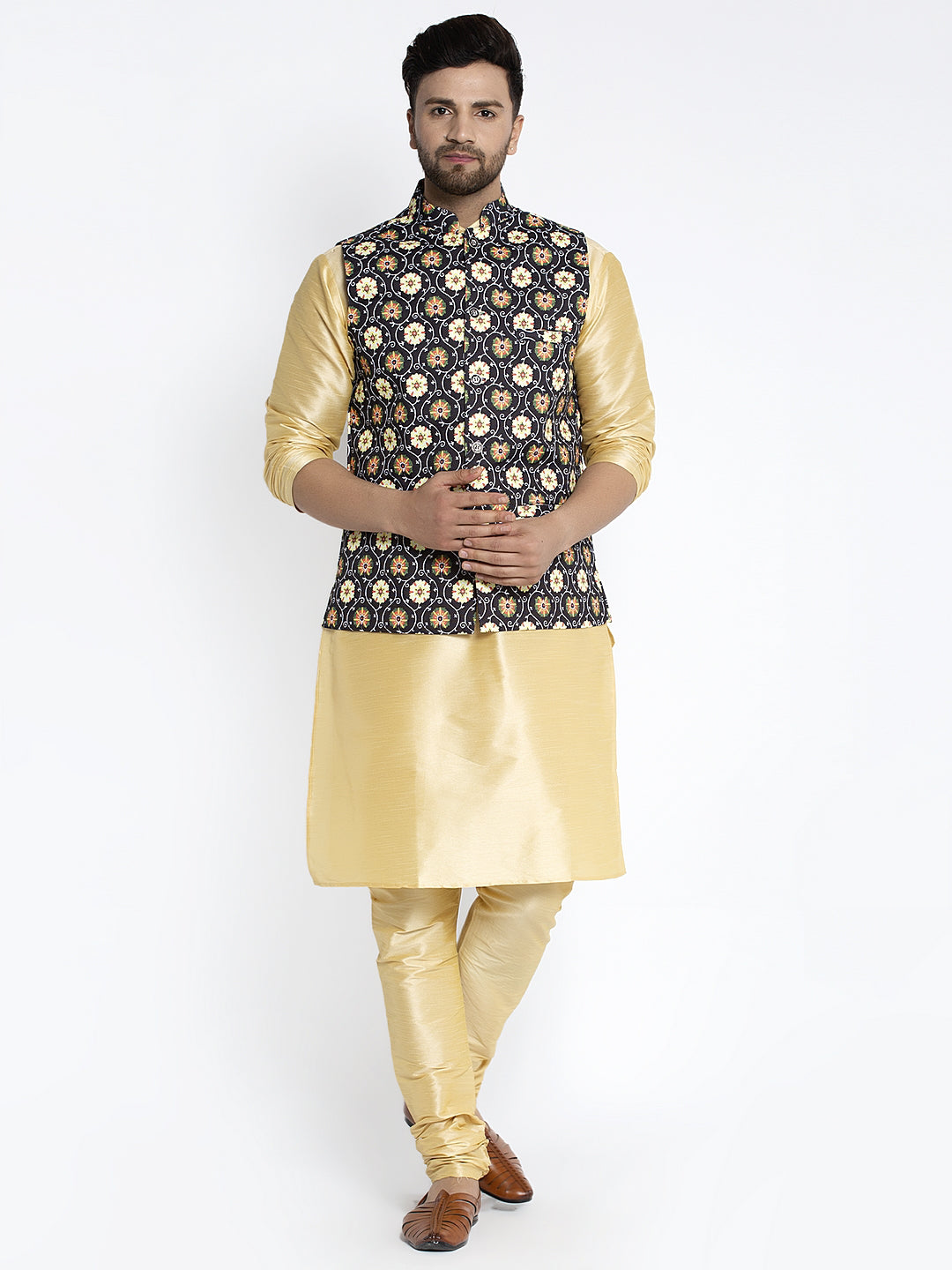 Men's Silk Blend Gold Kurta With Pyjama & Royal Blue Printed Nehru Jacket - Benstoke