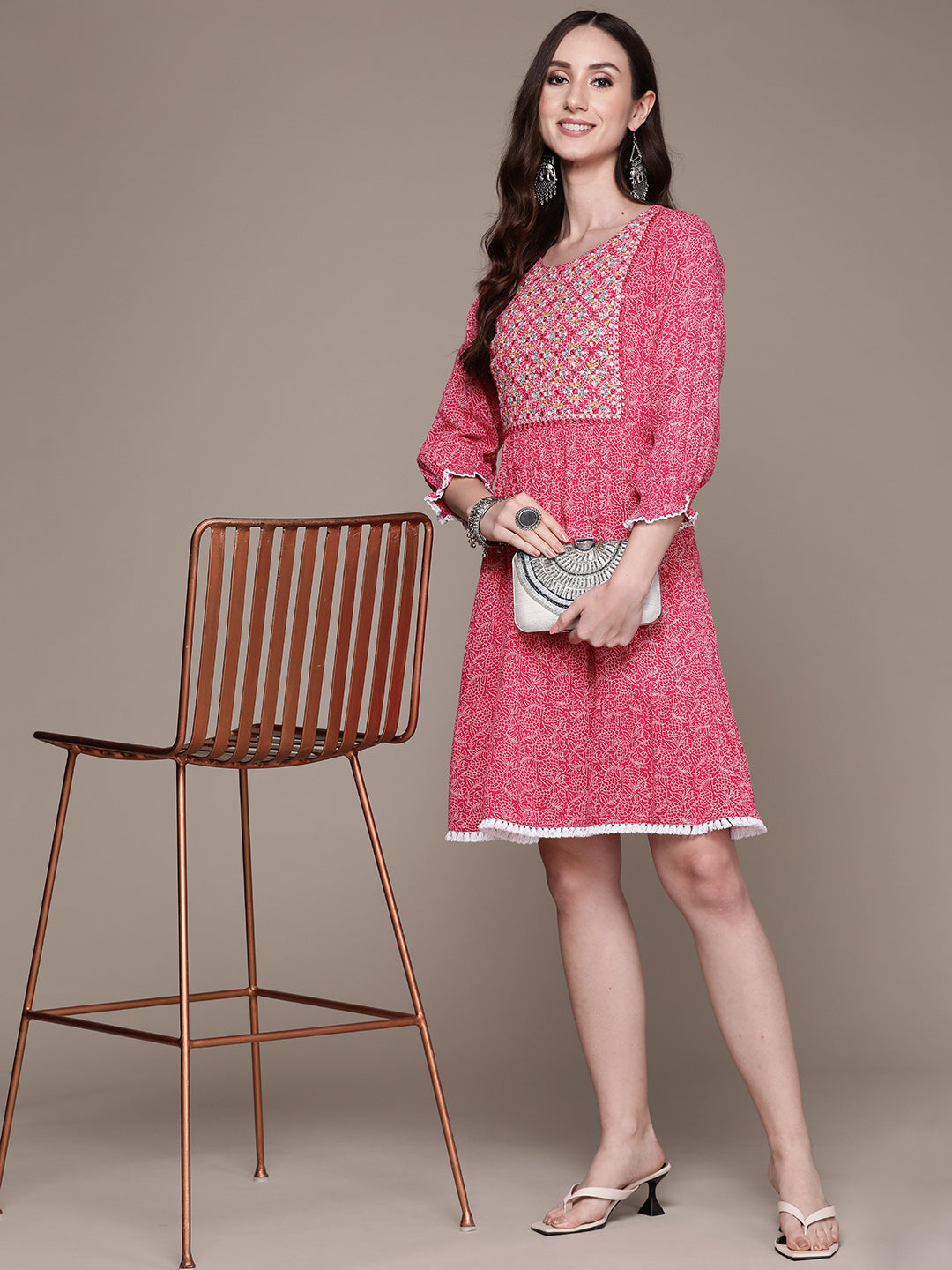 Women's Pink Embroidered Lace Flared Dress - Anubhutee