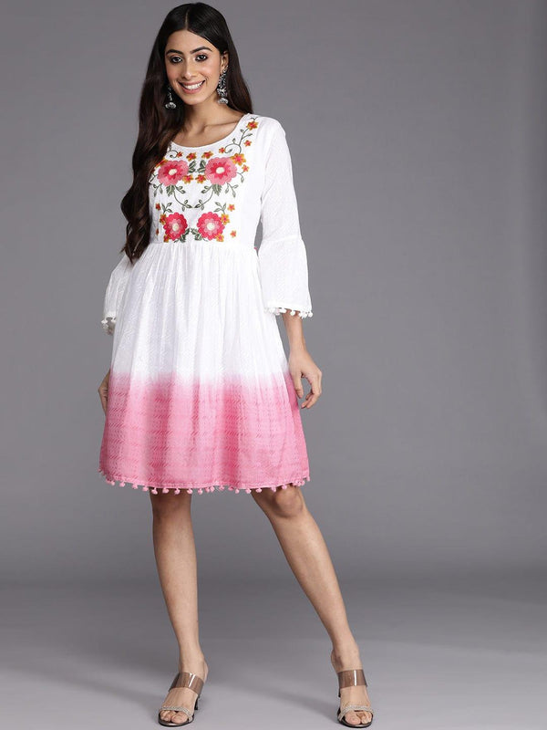 Varanga Off White & Pink Pure Cotton Dyed Floral Embroidered Dress - Indiakreations