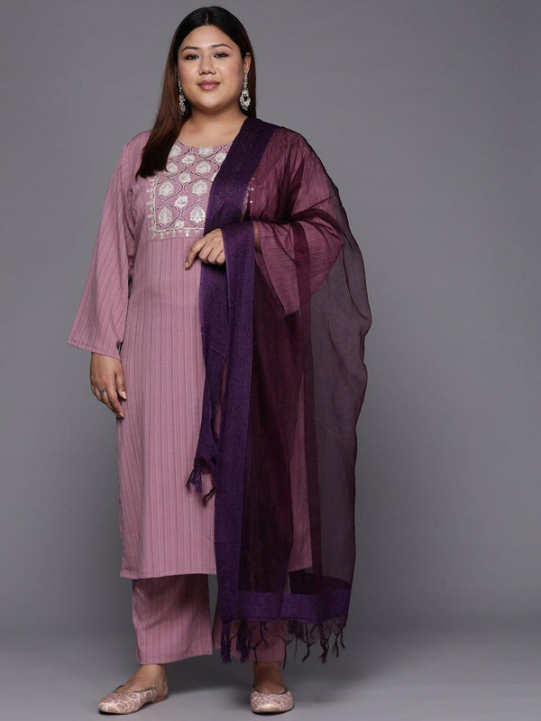 Varanga Women Plus Size Mauve Floral Embroidered Thread Work Kurta with Palazzos & Dupatta - Indiakreations