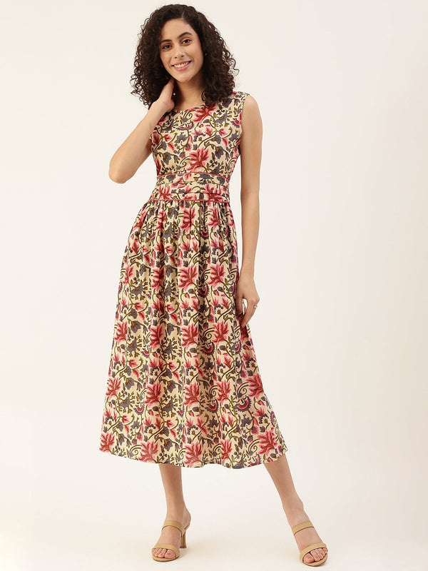 Women's Beige Printed Cowl Belt Cotton Dress - Maaesa