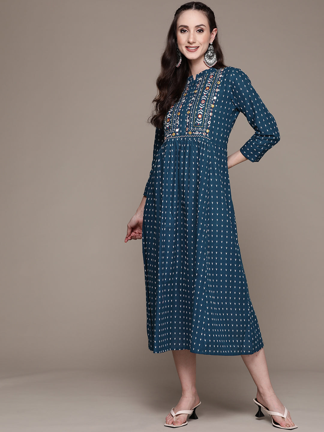 Women's Teal Mirrorwork Embroidered Dress - Anubhutee