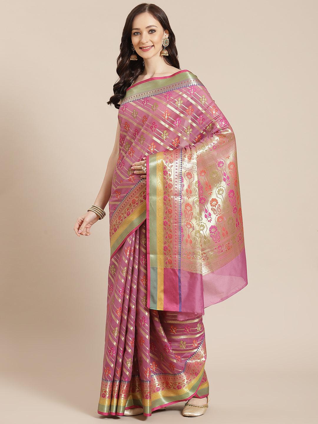 Women's Purple Silk Jaamdani Cutwork Saree - Varanasi - Indiakreations