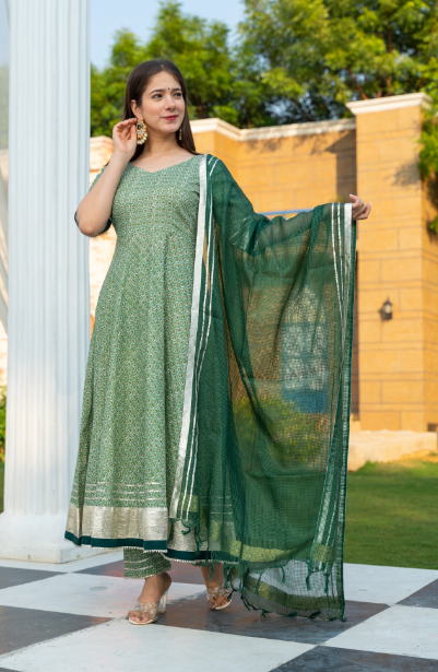 Women's Green Motif Print Kurta Dupatta Set