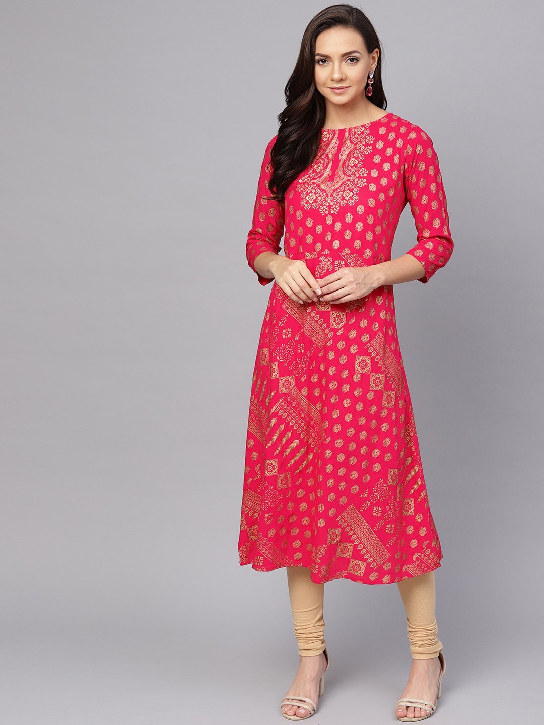 Women's Magenta & Golden Foil Print A-Line Kurta - Anubhutee