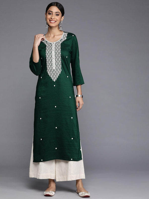 Varanga Women Green & White Ethnic Motifs Yoke Design Thread Work Raw Silk Kurta - Indiakreations