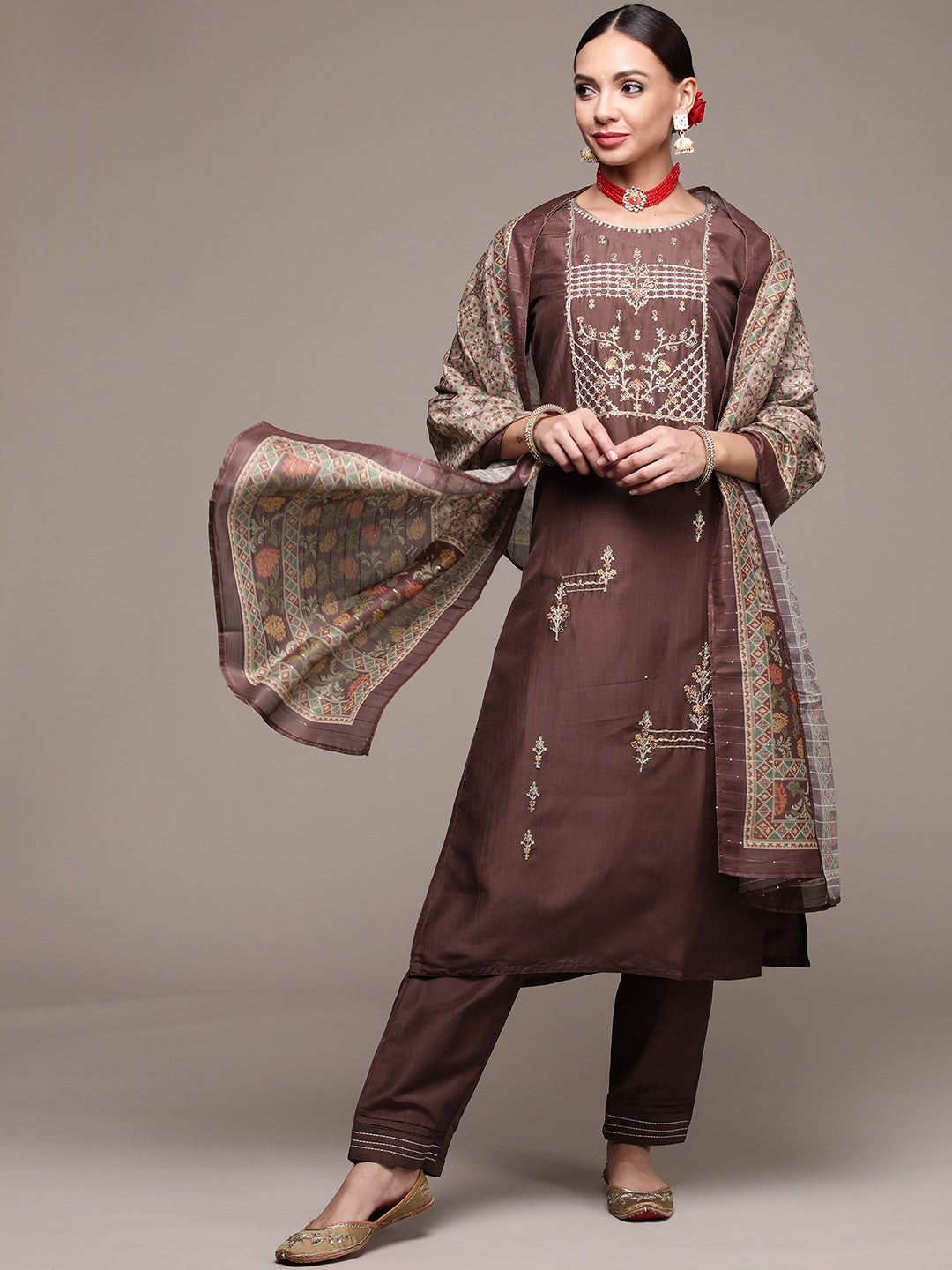 Women's Chocolate Brown Embroidered Kurta Set With Trousers And Dupatta - Anubhutee